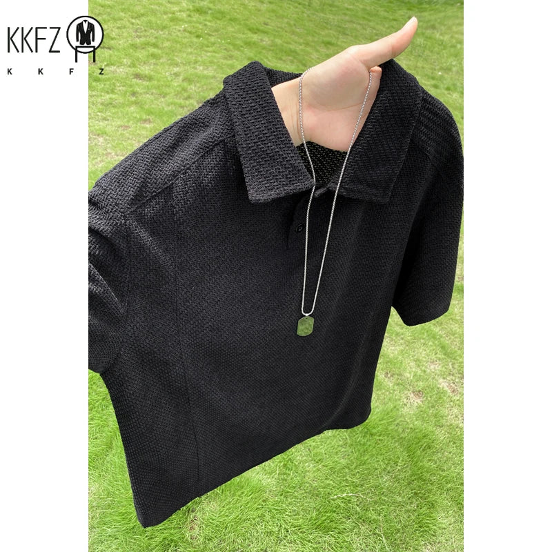 Men Waffle Knit Polo Short Sleeve Shirt Lapel Collar Partial Button Placket Oversized Silhouette For Summer Daily Street Wear