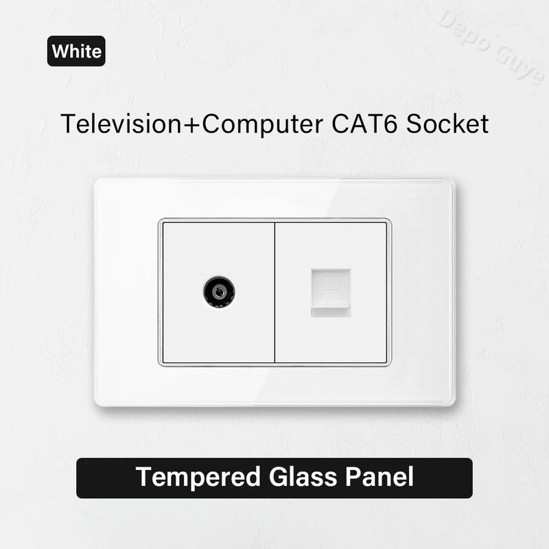 White Tempered Glass Panel Wall Light Switch Rocker Button EU Sockets Fast Charging CAT6 TV Power Outlet 118*75mm 16A AC110-250V