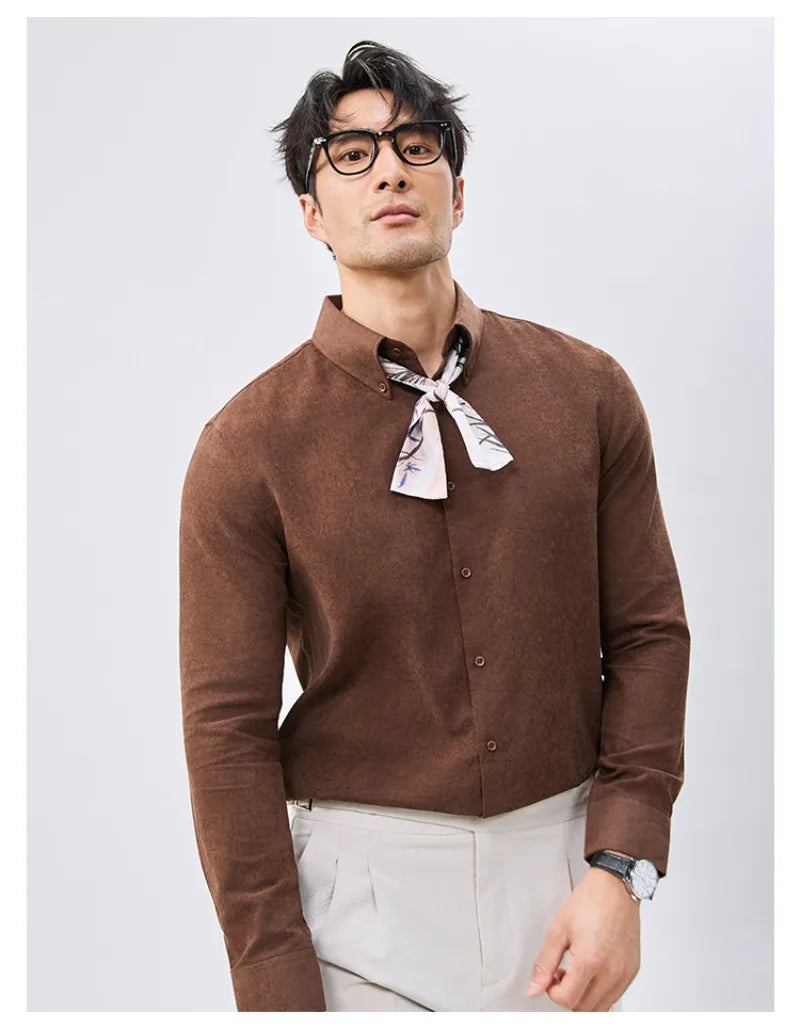 Men's Business Long Sleeve Shirt – Vintage Distressed Linen-Blend with Wide Pointed Collar, Slim Fit for Office & Smart Casual