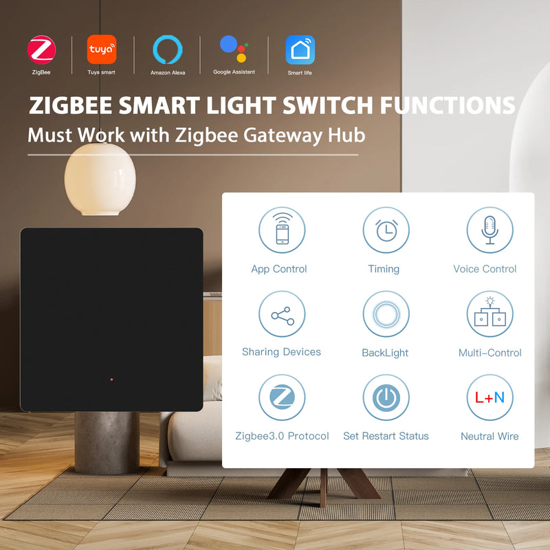 BSEED Zigbee Button Switch 1/2/3Gang 2Way Wall Light Switch Automatic Rebound Smart Curtain Shutter Switch Neutral Required