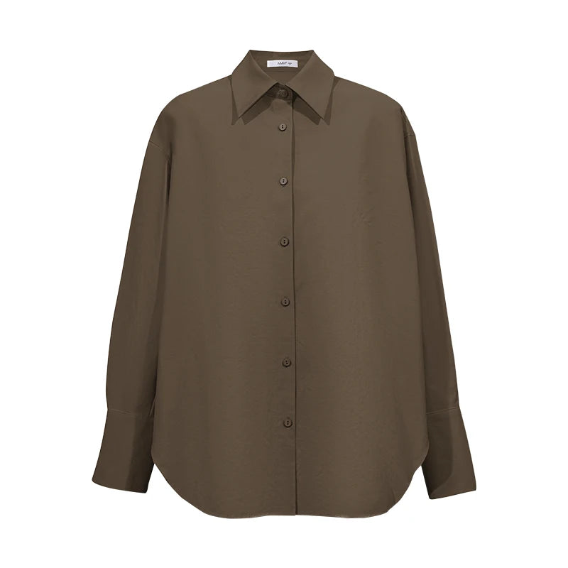 AMII Long Sleeve Shirt For Women 2026 Autumn New Lapel Drop Shoulder Pleated Top Loose Cotton Classic Women's Shirt 12613014