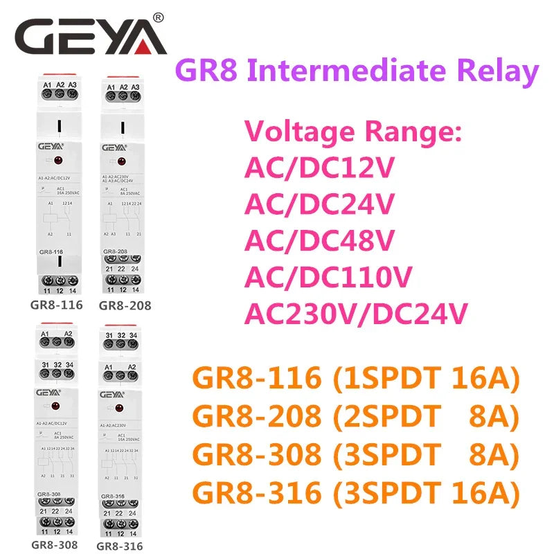 GEYA Din Rail Type GR8 AC DC 12V 24V 230V Switch Relay Intermediate Relay Auxiliary Relay 8A 16A ROHS Approved