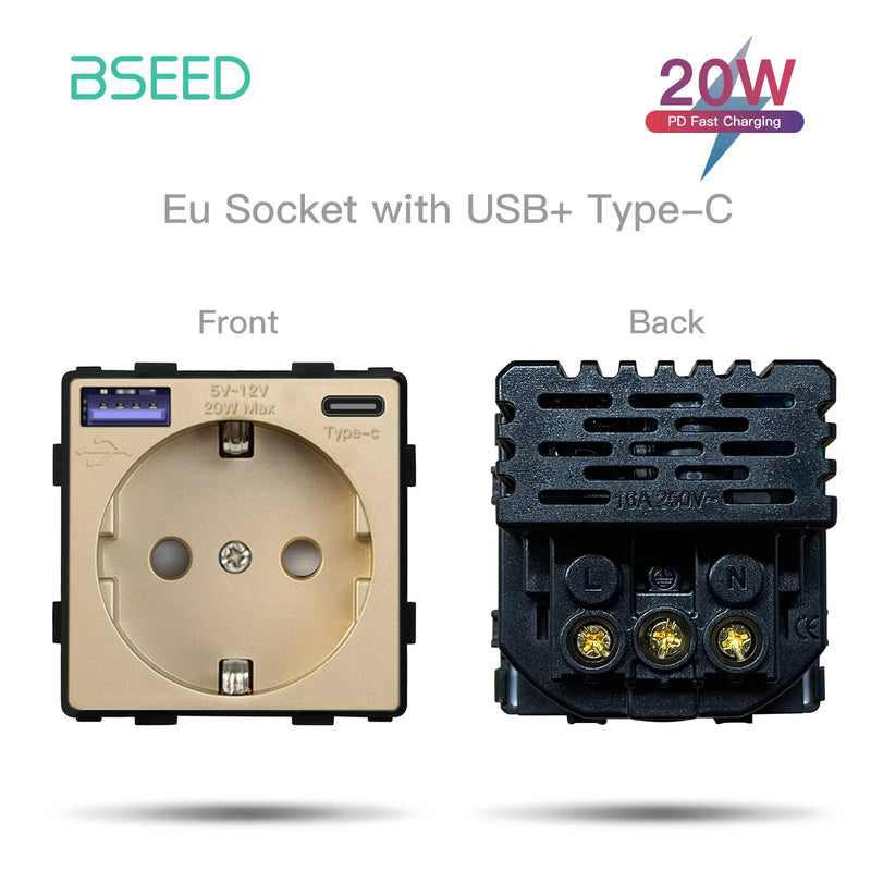 BSEED DIY Modules EU Plastic Panel Gold Double USB Socket Internet CAT5 RJ45 ST TV Power Socket Wall-Mounted Free Combination