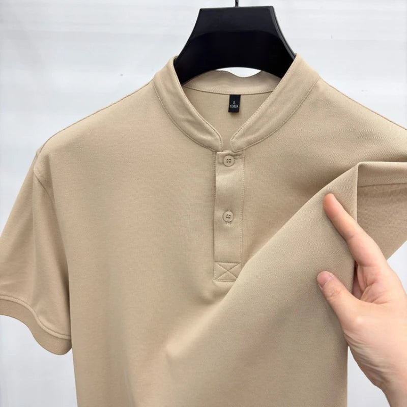 Men Summer Short Sleeve T-Shirt Little Stand Collar Solid Color Casual Loose Tee with Side Split Hem