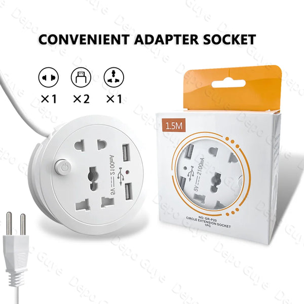 Travel Adapter Socket,EU Standard Plug,White Universal Five Hole Socket with Dual USB Power Portable Outlet with Cable 1.5m