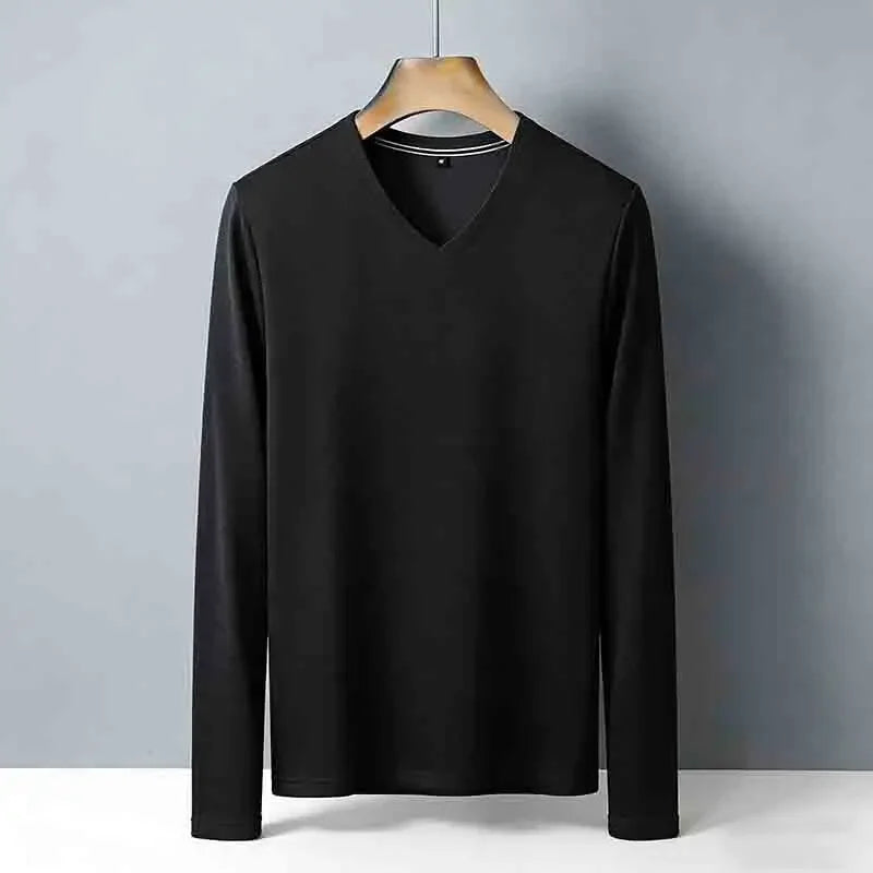 Men's Wrinkle-resistant Brown V-neck Long Sleeve T-shirt Easy Care Breathable Casual Top