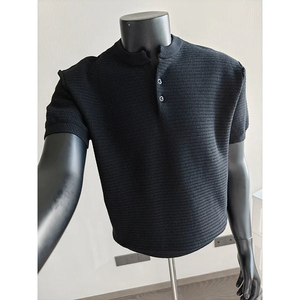 Men’s Short Sleeve Knit Polo Shirt Vintage Old Money Style Solid Color Breathable Cool Touch Henley Collar Top