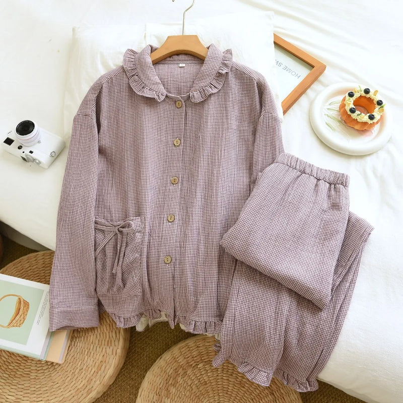 Pure Cotton Plaid Long-Sleeved Pyjamas Women's Loungewear Suit Spring Autumn Home Clothes Comfortable Sleepwear Soft Pajamas