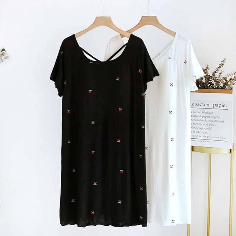 Modal Comfortable Chest Pad Sleep Shirts Short Sleeve Summer Night Dress Women Cute Printed Sleepwear Nightgowns Ladies Nighty