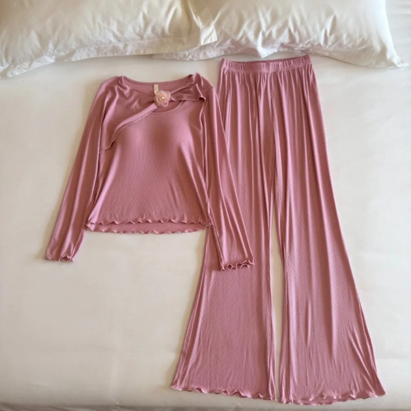 Women's Pajamas 2 Piece Sets Female Clothing Chest Pads 2026 New Long Sleeve Home Suit for Women Nightwear Comfort for Homewear