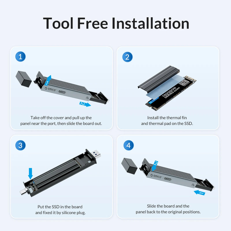 ORICO 2 in 1 USB A Type-C Dual Interface M.2 SSD Case Support M2 NVMe M Key SATA NGFF M&B Key SSD Hard Disk with Cooling Vest