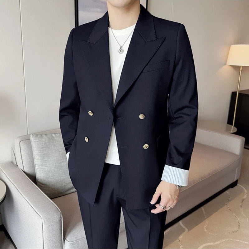 Men's Fashionable Thin Suit Jacket,  Fake Two-Piece Design, Cuffed Sleeves with Striped Turn-ups~ Trendy