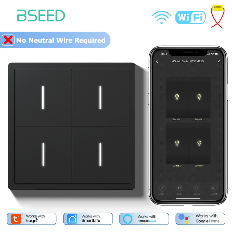 BSEED WIFI Button Light Switch 1/2/3/4Gang Smart Switch Plastic Frame Tuya Smart Life Alexa Voice Control Without Neutral Line