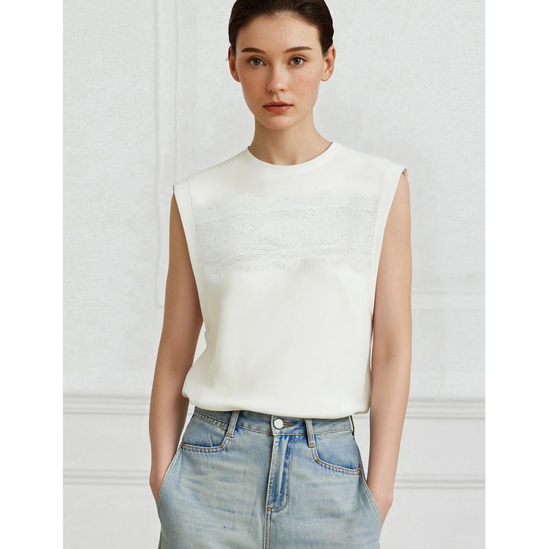 Amii Women's Top 2026 Summer New Round Neck Lace Trim 100% Cotton Tank Tee Loose Casual Sleeveless T-Shirt For Women 12622139