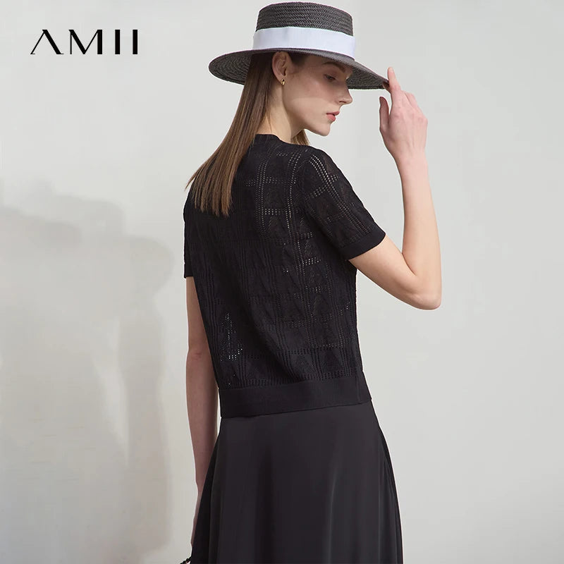 អាវយឺតរដូវក្តៅ AMII Minimalist សម្រាប់នារី ថ្មីឆ្នាំ ២០២៥ ដៃខ្លី កមូល អាវកាឌីហ្គែន ប៉ាក់សម្រាប់នារីទាន់សម័យសម្រាប់ការិយាល័យ 12522115