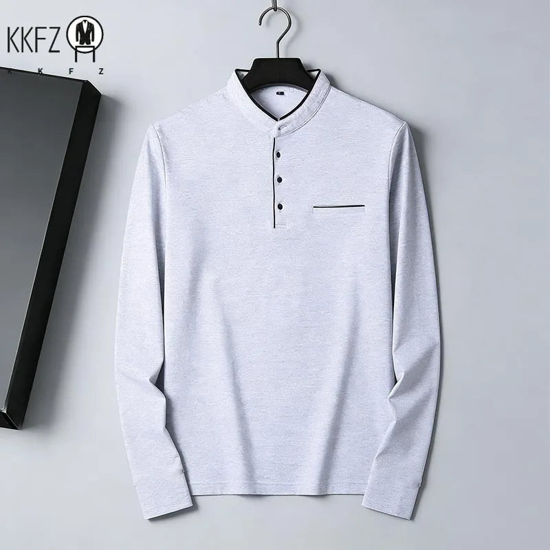 2026 New Men's Navy Blue Stand Collar Long Sleeve Polo Shirt Office Business Commute Top