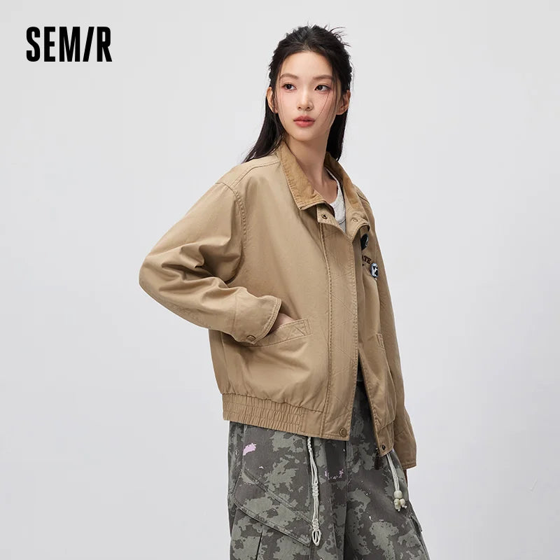 Semir Women Jacket Embroidery Patchwork Stand Collar Brooch Detail Loose Retro Casual Autumn Outerwear Daily Wear 2026