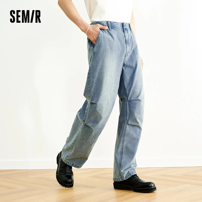 Semir Men Jeans Pleated 2026 Loose Fit Straight Lightweight Washed Urban Casual Everyday Style Soft Comfortable Daily Wear