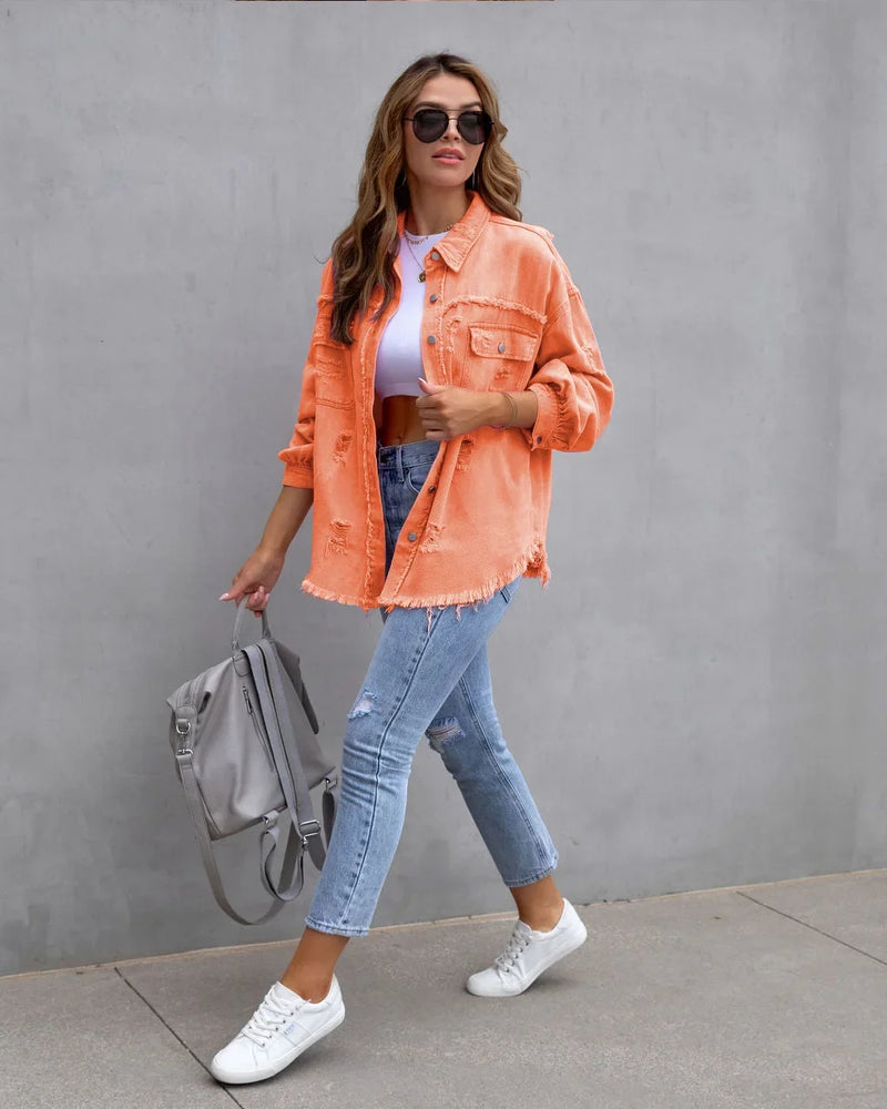 Women's Purple Mid-Length Raw Edge Ripped Denim Jacket, Red Long Sleeve Casual Lapel Coats Top, Green Blue Yellow Gray Optional