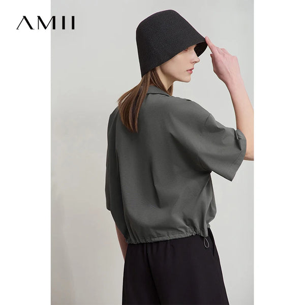 អាវយឺតកប្បាស Amii Minimalist សម្រាប់ស្ត្រីឆ្នាំ ២០២៥ រដូវក្តៅថ្មី V-Neck Pullover រលុងខ្លីស្មាដៃអាវទាន់សម័យសម្រាប់ការធ្វើដំណើរ 12552001