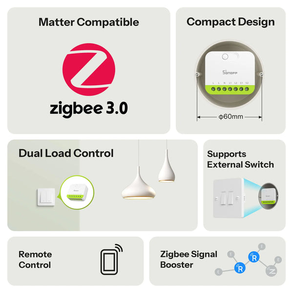 SONOFF MINI DUO កុងតាក់ឆ្លាតវៃ Zigbee 2 ច្រក MINI-ZB2GS ការគ្រប់គ្រងបន្ទុកពីរតូច និងមានសុវត្ថិភាព គាំទ្រកុងតាក់ខាងក្រៅ ត្រូវការ zigbee hub