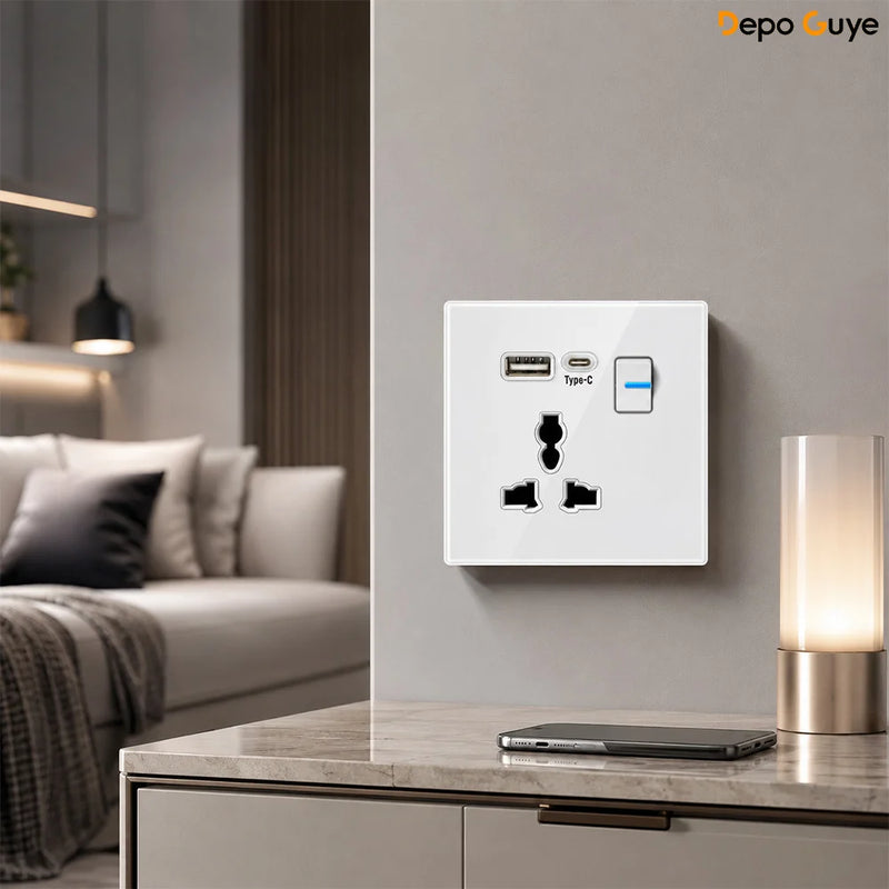 White UK 230V Tempered Glass Touch Light Switch Socket LED Wall Panel Smart Home Switches Socket Manufacturer Wholesale Supplier