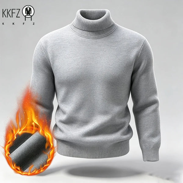 Men Fleece Lined Turtleneck Knit Sweater Ribbed Cuff Thermal Pullover For Winter Urban Daily Commute And Street Casual Outfits
