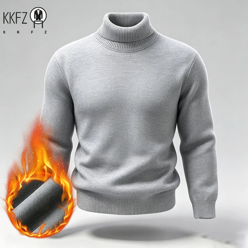 Men Fleece Lined Turtleneck Knit Sweater Ribbed Cuff Thermal Pullover For Winter Urban Daily Commute And Street Casual Outfits