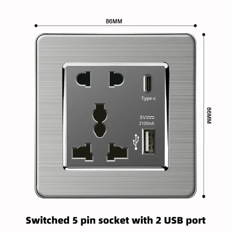 Grey Stainless Steel Metal Uk 13A Wall 220V Light Switch with Electrical Socket, Smart Type-c Fast Charging Wall USB C Socket
