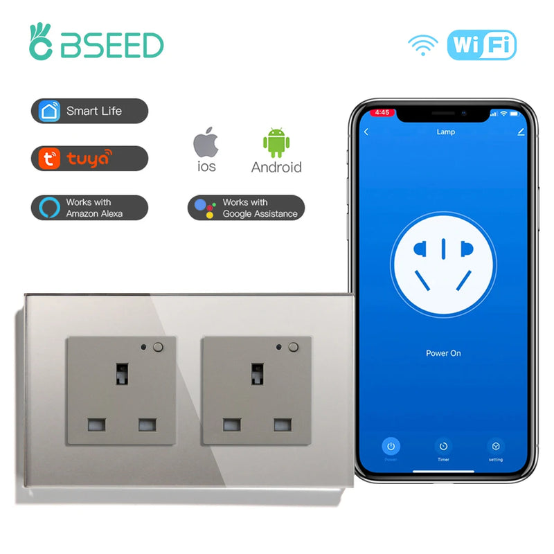 BSEED UK Standard Wifi Smart Socket Smart Double Electric Power Outlets Support Tuya Smart Iife Alexa Control 13A
