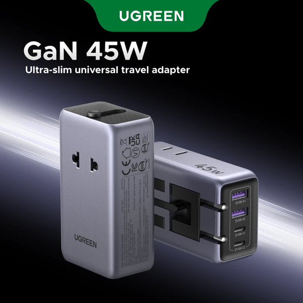 UGREEN  Universal Travel Adapter GaN 45W Fast Charger Worldwide With 2 Type-C 2 USB Ports for US EU UK AU Plugs