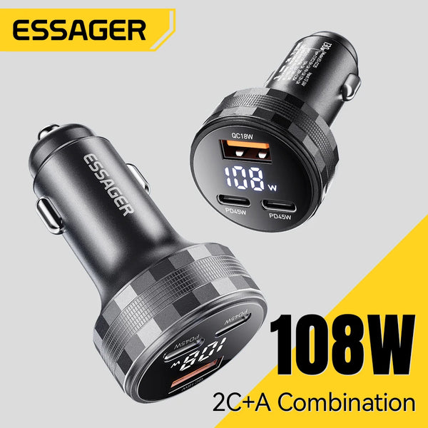 ឆ្នាំងសាករថយន្ត Essager 108W 3 រន្ធ USB ឌីជីថល PD3.0 សាកថ្មលឿន Quick Charge 3.0 Adapter សម្រាប់ iPhone 16 15 Xiaomi Samsung