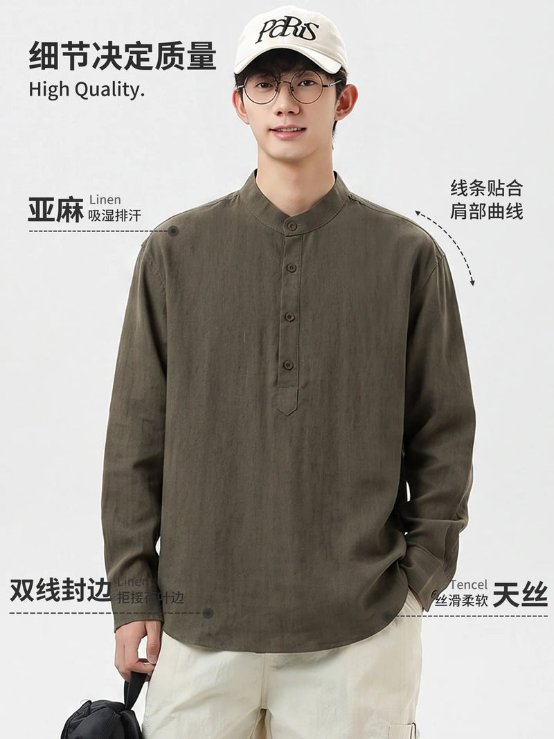 DUKEEN Men's Lyocell Linen Blend Henley Shirt Long Sleeve Stand Collar Lightweight Breathable Casual Old Money Style