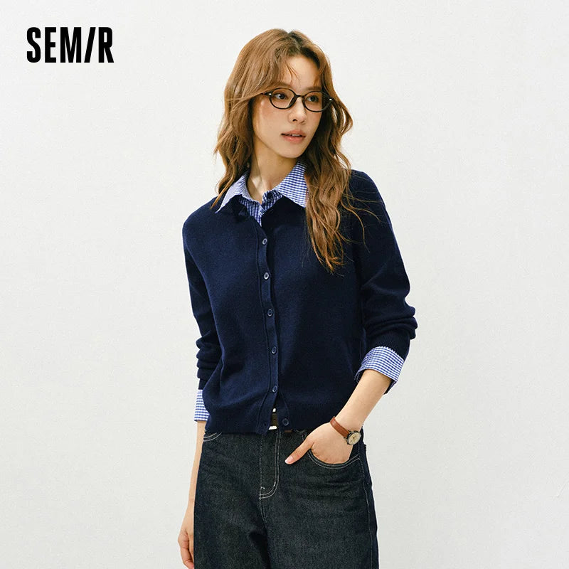 Semir Knit Cardigan Short Spring Detachable Plaid Collar Panel Versatile Office Layering Top Women 2025