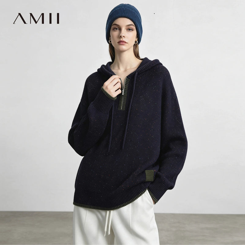 Amii Half-Zip Hooded Color Block Knit Pullover Drop Shoulder Loose Fit Casual Commuter 2026 Winter Women's Sweaters 12654035