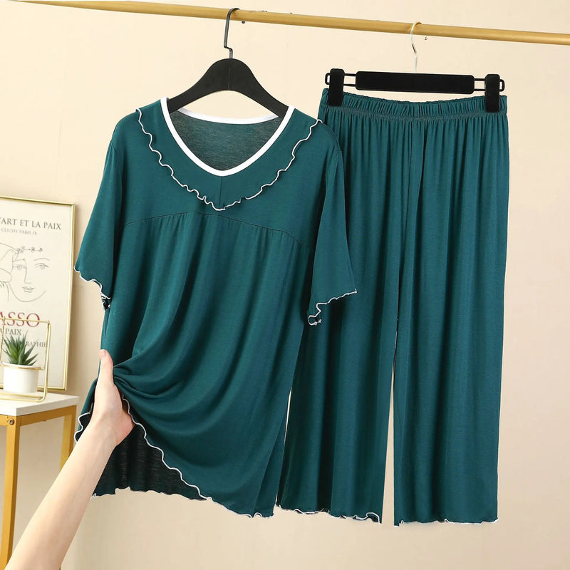 Women's Pajamas Set New V Neck Short Sleeve Capri Pants Suit Modal Casual Sleep Wear Home Clothing Night Pijamas Sets Female