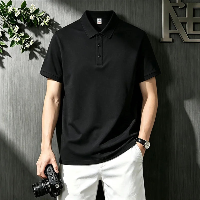 Loose Fit Short Sleeve Solid Polo For Males Turn Down Collar Button Placket Streetwear Simple Casual Wear Top
