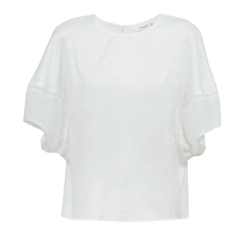 Am Women's Chiffon Blouse 2026 Summer Chinese Style O-Neck Cutout Ribbon Trim Batwing Sleeve Top Loose Jacquard Shirt 12622151