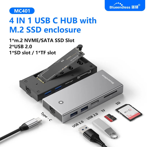 ប្រអប់ Blueendless M2 Sata/NVMe SSD Enclosure USB C Hub ស្ថានីយ៍ចតកុំព្យូទ័រយួរដៃ 4K 60Hz HDMI-Com USB3.2 10Gbps PD100W ប្រអប់ SD/TF SSD