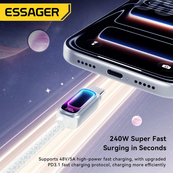 ខ្សែសាក Essager 240W E-Marker Type C ទៅ Type C 5A PD3.1 សាកថ្មលឿនសម្រាប់ MacBook Laptop iPhone 17 16 Pro Max iPad Samsung S26 S25