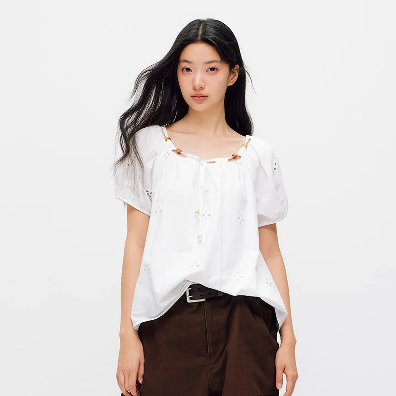 Semir Women Shirt Short Length Beaded Square Neck Puff Sleeve White French Cute 2026 Summer Casual Top