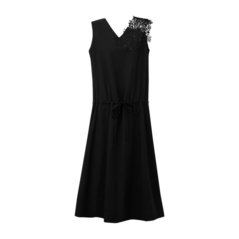 Amii Dress Woman 2026 Summer New V-Neck Drawstring Waist Sleeveless Lace Trim Elegant Office Casual Midi Women's Dress 12642209
