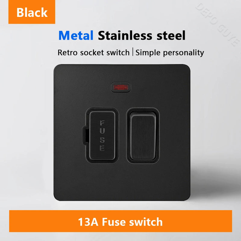 Black Retro Toggle Wall Light Switch Socket,Stainless Steel Universal UK Electrical Outlets with USB Type-C charging For Home