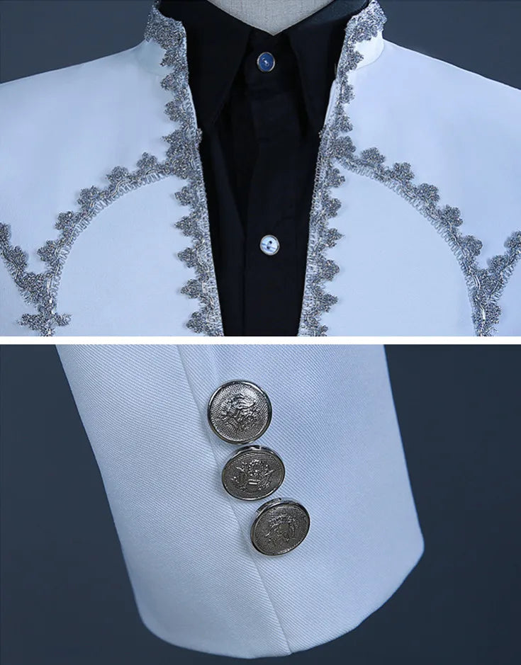 Luxurious Men's White Two-piece Set: A Vintage-style Halloween Jacket Paired with Pants, Perfect for Weddings, Parties, Cosplay.