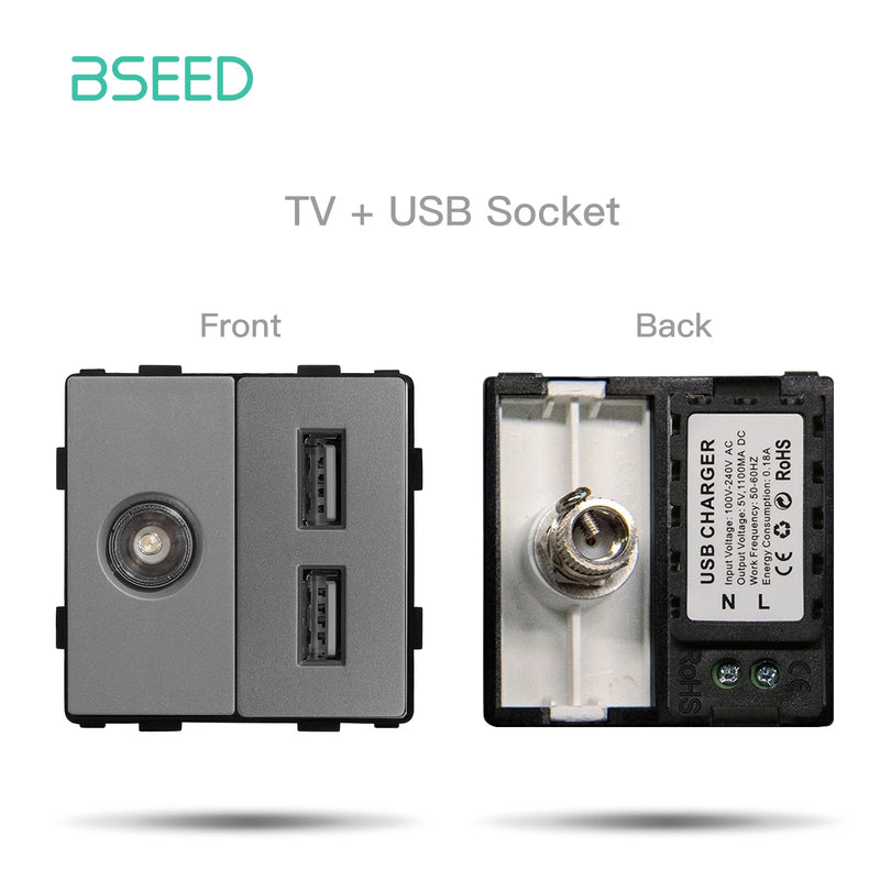 BSEED Wall Switch Panel Part Dual USB Socket TV Internet RJ45 Satellite Function Parts EU Socket DIY Part Only Free Combination
