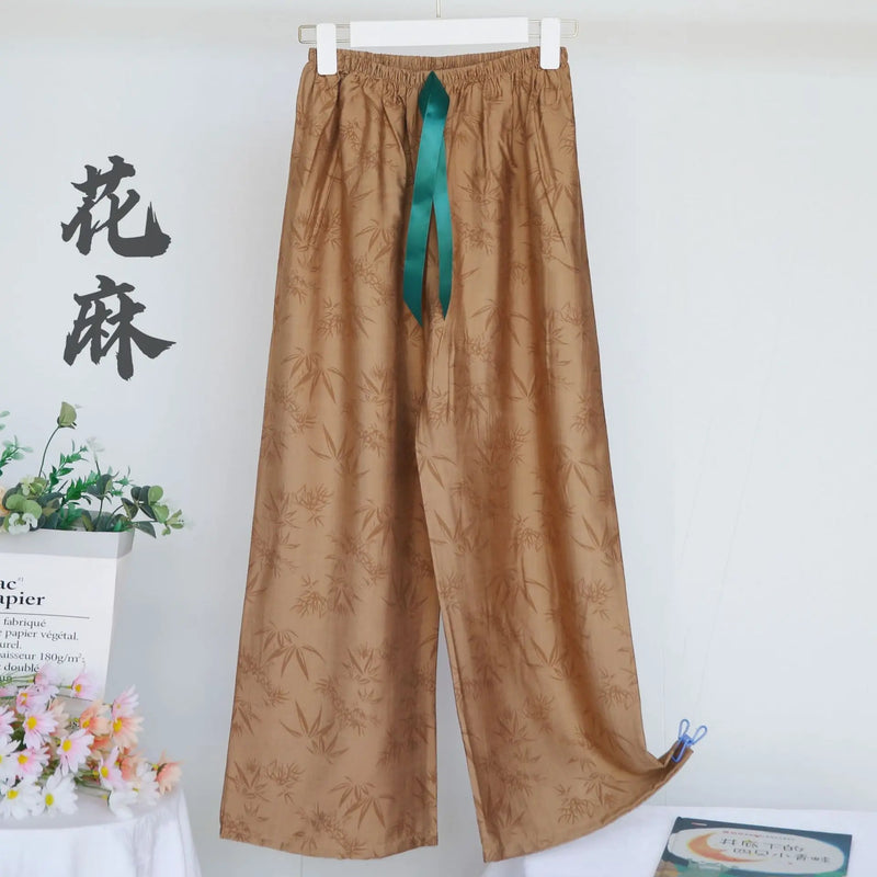 Spring Fall Cotton Linen Jacquard Sleepwear Retro Wide Leg Pants Casual Loose Versatile Home Pant Women Pajamas Trousers