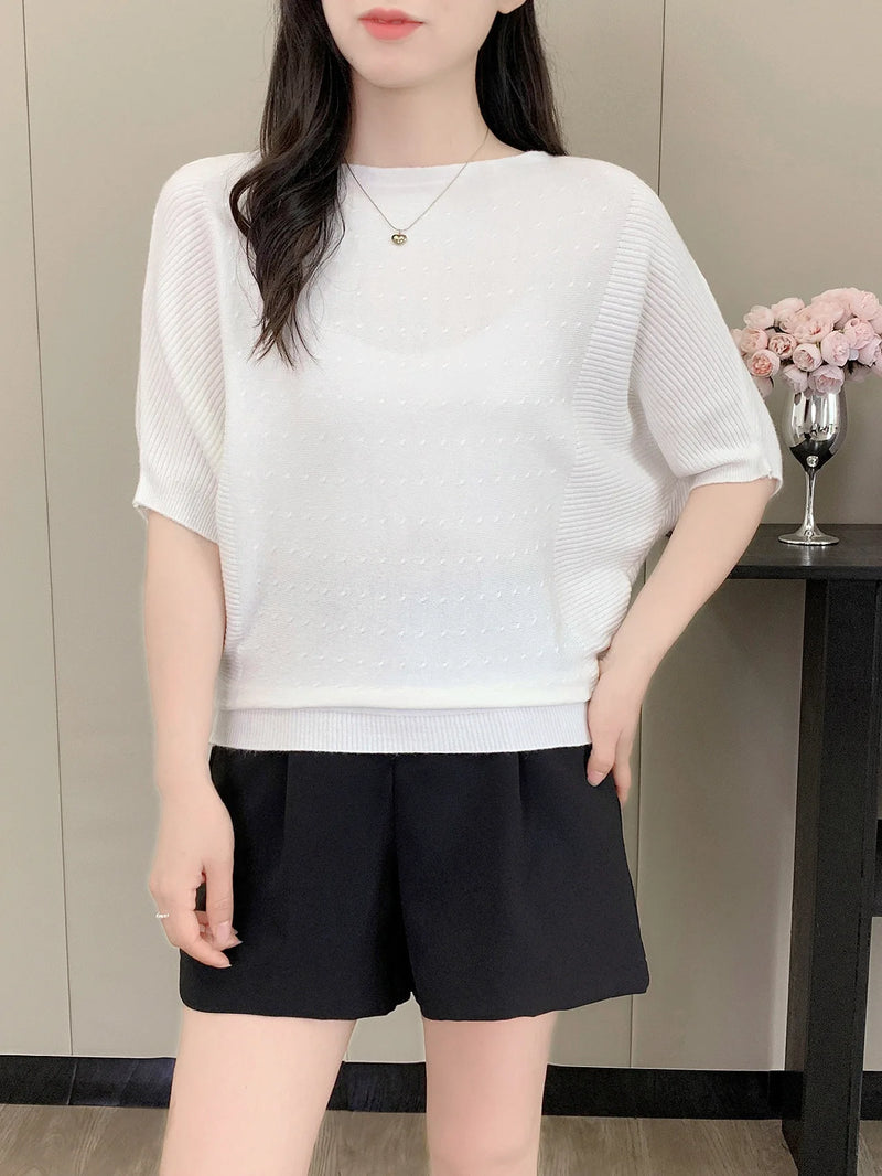 Bat-sleeved Knitted Sweater Women's One-word Collar Top Thin Spring Summer Pullover Shirt Ladies Jumper Pull Femme Knitwear
