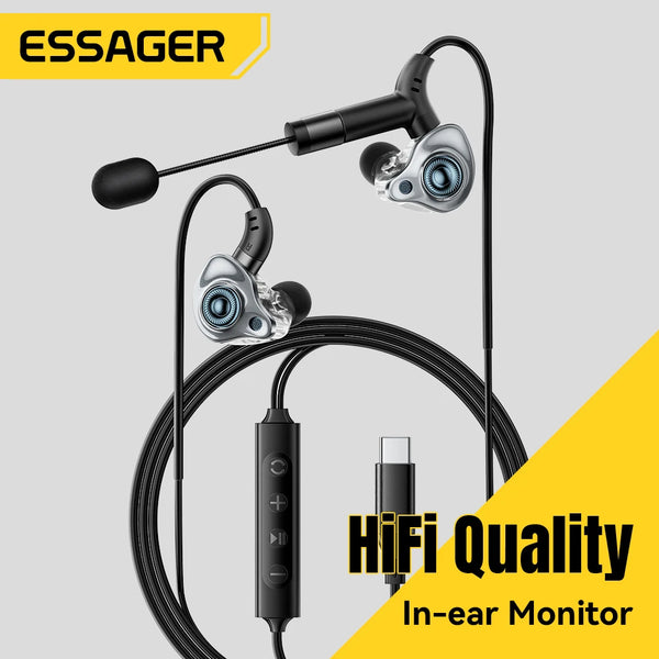 កាសស្តាប់ត្រចៀក Essager Type-C Karaoke ជាមួយនឹងកាតសំឡេងដែលភ្ជាប់មកជាមួយ HIFI Stereo Music កាសស្តាប់ត្រចៀកមានខ្សែ ជាមួយមីក្រូហ្វូន សម្រាប់ច្រៀង/ផ្សាយផ្ទាល់/លេងហ្គេម
