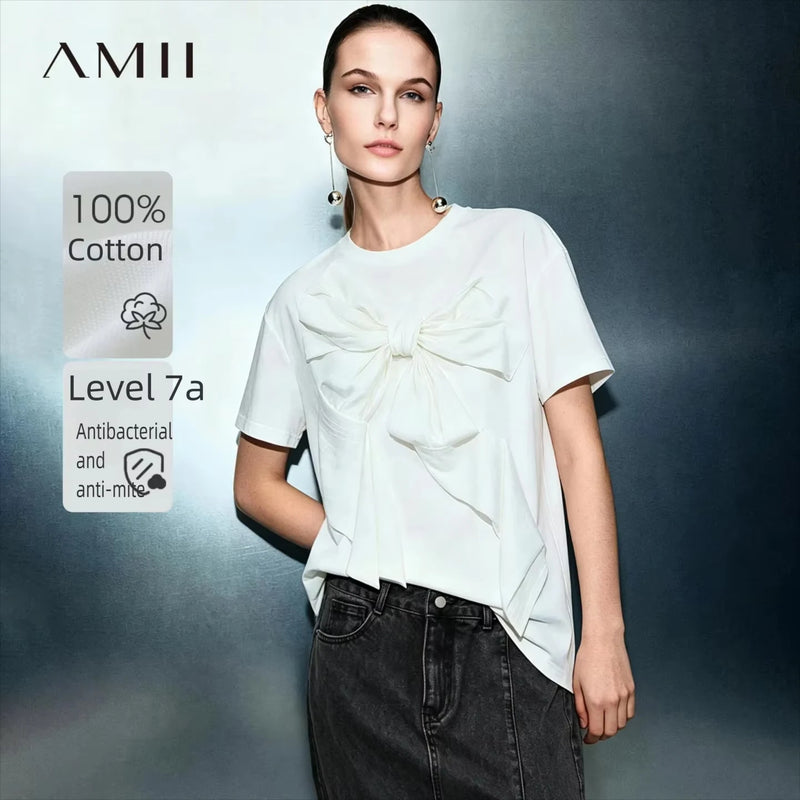 Amii Women Round Neck Black Pure Cotton T-Shirt Casual Short Sleeve Loose Fit Tee 3D Bow Applique Top 2026 Summer New 12642127