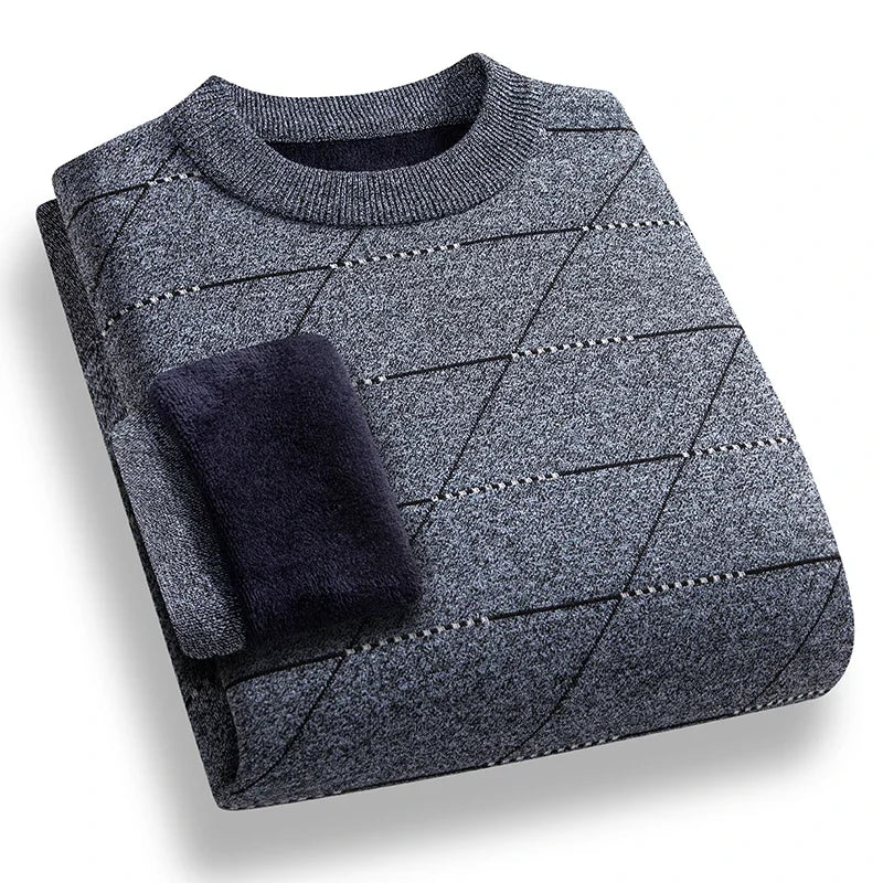 Cold Weather Men Knit Pullover Thick Plush Interior Diagonal Grid Print Design Everyday Casual Long Sleeve Warm Jumper